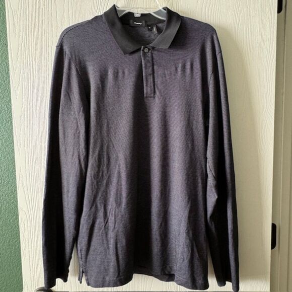 Theory Gray Clean Long Sleeve Hidden Button Regular Fit Jacquard Polo - Picture 1 of 4